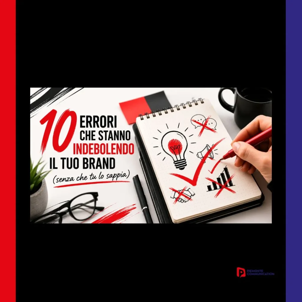 Brand strategist al lavoro su una strategia di branding aziendale con appunti, schizzi e checklist per costruire un marchio forte, riconoscibile e competitivo.